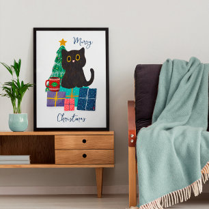 Feestelijke Kerst Mooie Kat Koffie Muur Kunst Post Poster