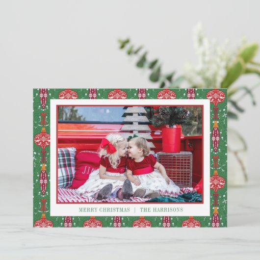 Feestelijke Kerst Ornamenten Patroon Foto Feestdagenkaart (Staand voorkant)