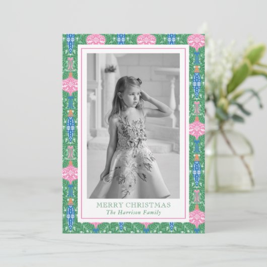 Feestelijke Kerst Ornamenten Patroon Foto Feestdagenkaart (Staand voorkant)