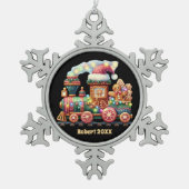 Feestelijke Kerst peperkoek trein voeg naamdatum t Tin Sneeuwvlok Ornament (Voorkant)