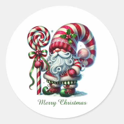 Feestelijke kerst pepermunt kabouter ronde sticker (Voorkant)