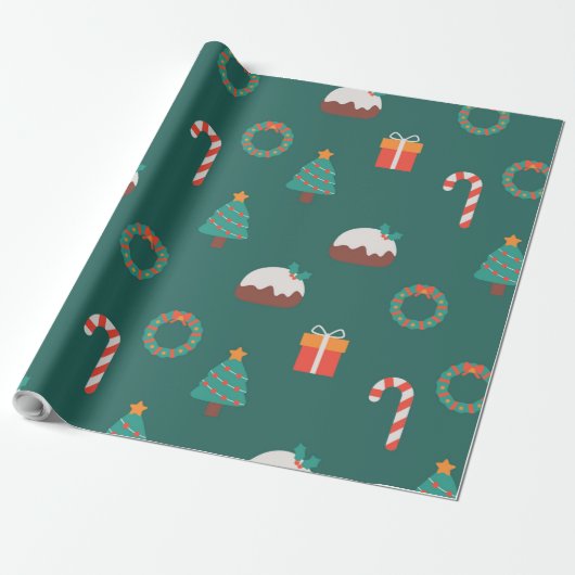 Feestelijke kerst pictogrammen patroon cadeaupapier (Uitgerold)