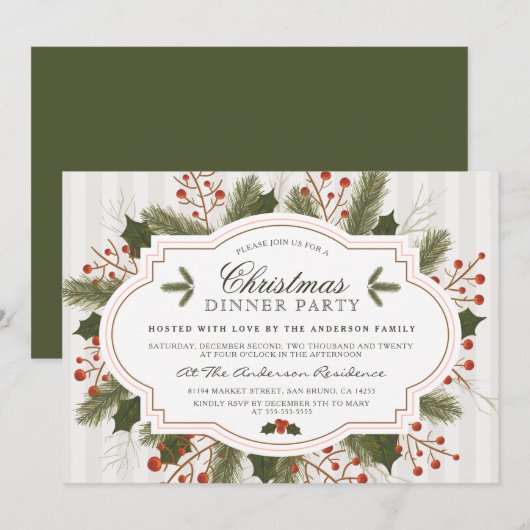 Feestelijke Kerst, Pine & Holly Kerstdiner Party Kaart (Voorkant / Achterkant)