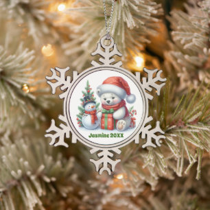 Feestelijke kerst polair beer naamdatum toevoegen tin sneeuwvlok ornament