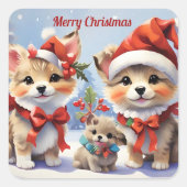 Feestelijke Kerst Puppies Vakantie Vierkante Sticker (Voorkant)