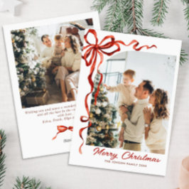 Feestelijke Kerst Red Bow Ribbon 2 Foto Feestdagenkaart