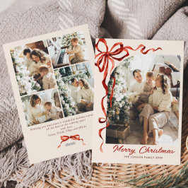 Feestelijke Kerst Red Bow Ribbon 5 Foto Feestdagenkaart