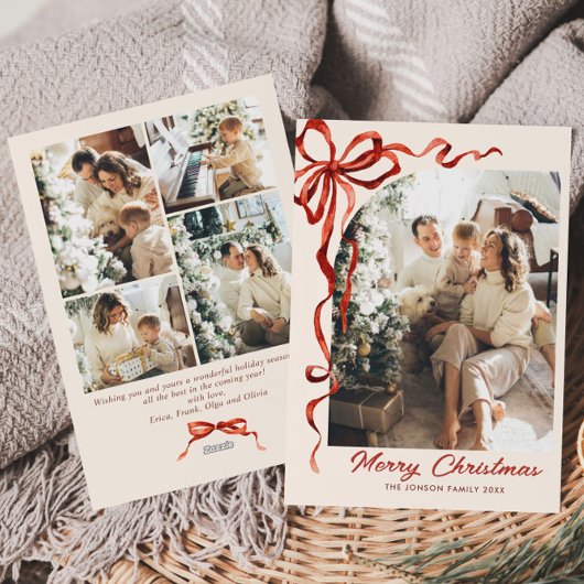 Feestelijke Kerst Red Bow Ribbon 5 Foto Feestdagenkaart