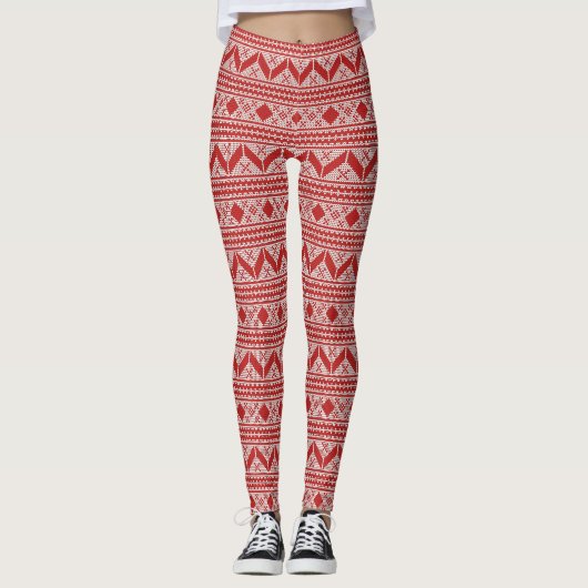 Feestelijke Kerst Rode en Witte Patroon Leggings (Voorkant)