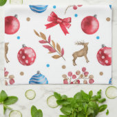 Feestelijke Kerst Rood Blauw Ornamenten Bogen Elks Theedoek (Gevouwen)