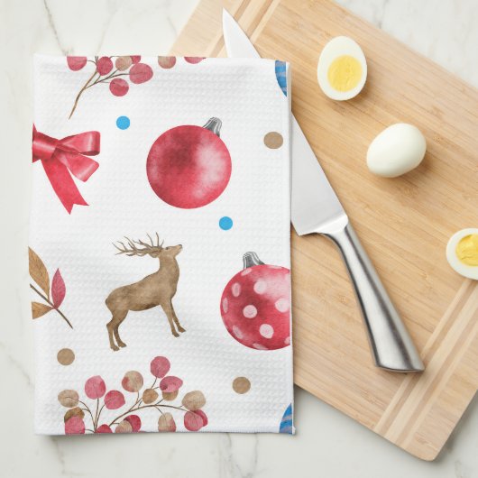 Feestelijke Kerst Rood Blauw Ornamenten Bogen Elks Theedoek (Quarter Fold)