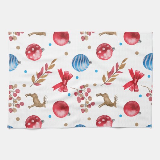 Feestelijke Kerst Rood Blauw Ornamenten Bogen Elks Theedoek (Horizontaal)