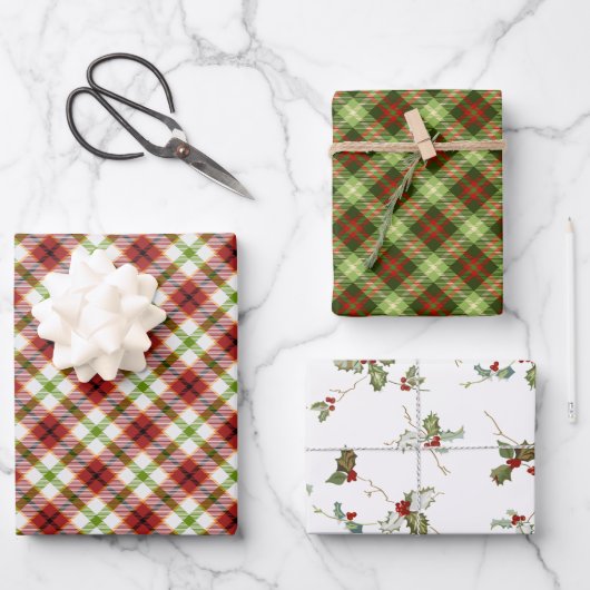 Feestelijke Kerst Rood & Groen Plaid w / Holly Inpakpapier Vel (Voorkant)