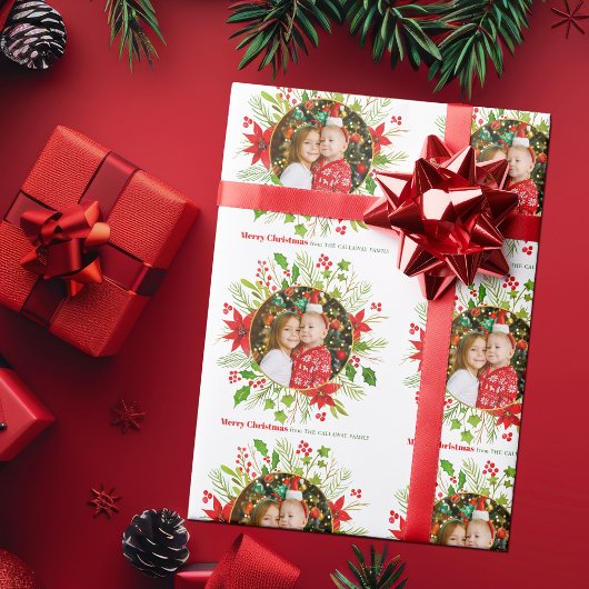 Feestelijke Kerst Rood Poinsettia Custom Photo Cadeaupapier