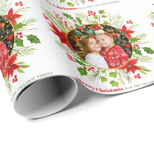 Feestelijke Kerst Rood Poinsettia Custom Photo Cadeaupapier (Rol Hoek)