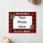 Feestelijke kerst rood zwart geruite holly bladere notitiekaartje (Voorkant / Achterkant in situ)