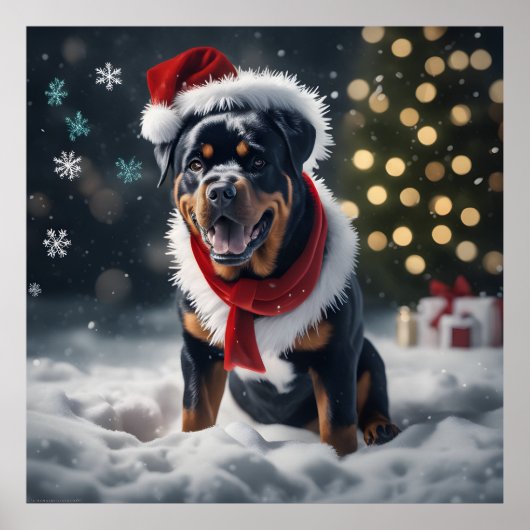 Feestelijke Kerst Rottweiler Hond met Santa Hat Poster (Voorkant)
