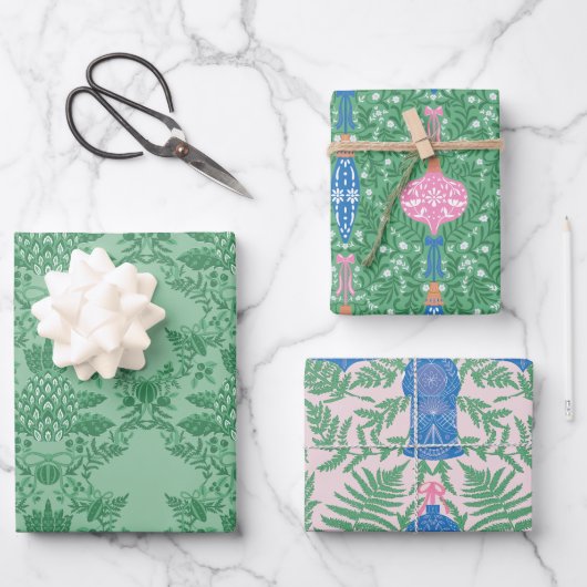 Feestelijke Kerst Roze & Groen Patroon Inpakpapier Vel (Voorkant)