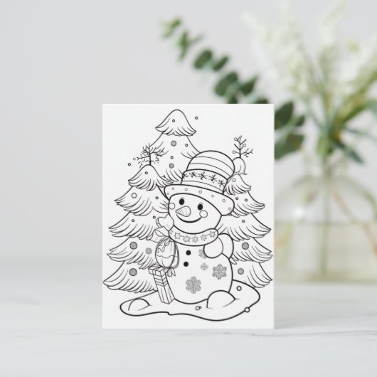 feestelijke kerst sneeuwman boom kind kleuren briefkaart (Staand voorkant)