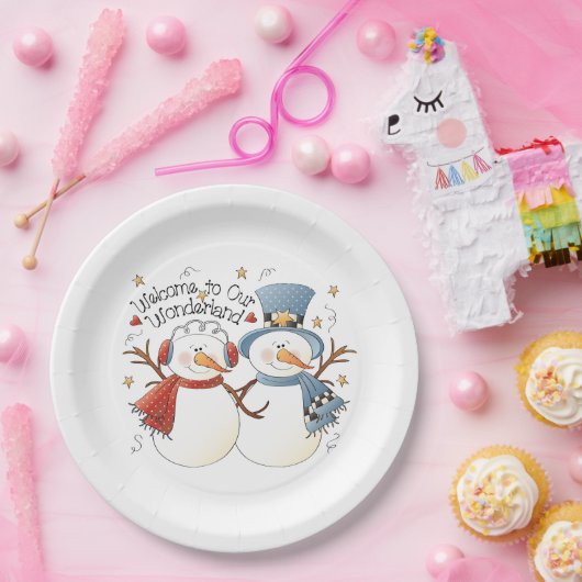 Feestelijke kerst sneeuwpop paar feest papieren bordje (Feest)