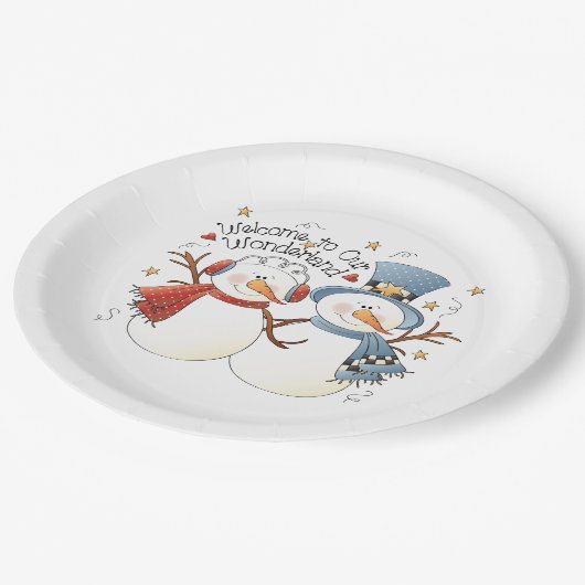 Feestelijke kerst sneeuwpop paar feest papieren bordje (Gekanteld)