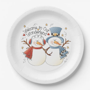 Feestelijke kerst sneeuwpop paar feest papieren bordje