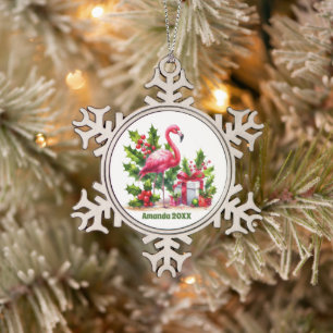 Feestelijke Kerst toevoegen naam datum roze flamin Tin Sneeuwvlok Ornament