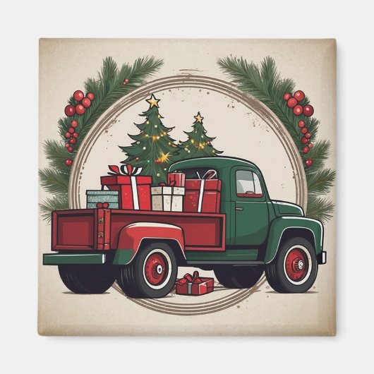 Feestelijke Kerst Truck met Bomen & Geschenken Magneet (Voorkant)