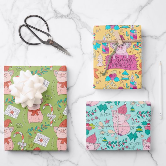 Feestelijke Kerst Varkens Inpakpapier Vel (Voorkant)