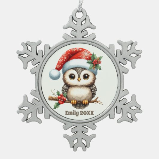 Feestelijke kerst voeg naam jaar uil toe tin sneeuwvlok ornament (Voorkant)