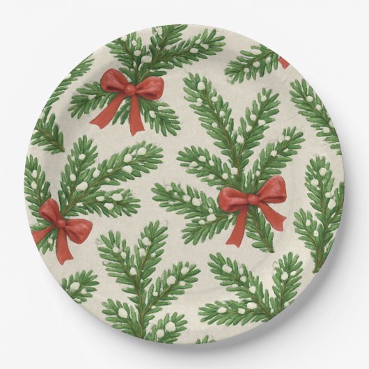 Feestelijke kerst voor tak en rood lint papieren bordje (Voorkant)