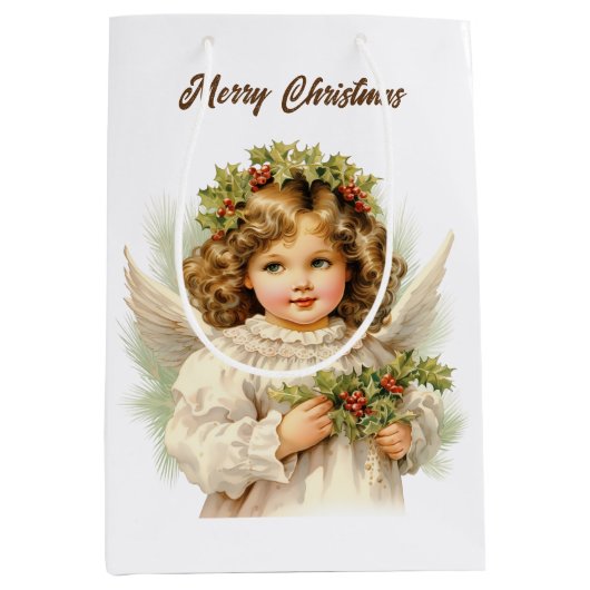 Feestelijke Kerst waterverf Angel tekst toevoegen Medium Cadeauzakje (Voorkant)