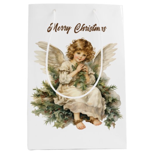 Feestelijke Kerst waterverf Angel tekst toevoegen Medium Cadeauzakje (Voorkant)