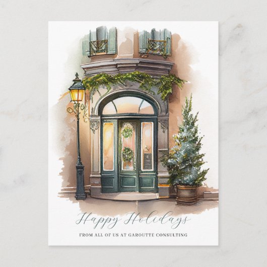 Feestelijke Kerst Waterverf Storefront Business Feestdagenkaart (Voorkant)