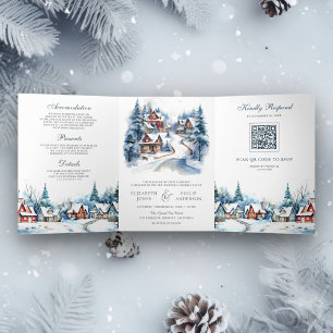 Feestelijke Kerst Winterdorp QR-code Huwelijk Drieluik Uitnodiging
