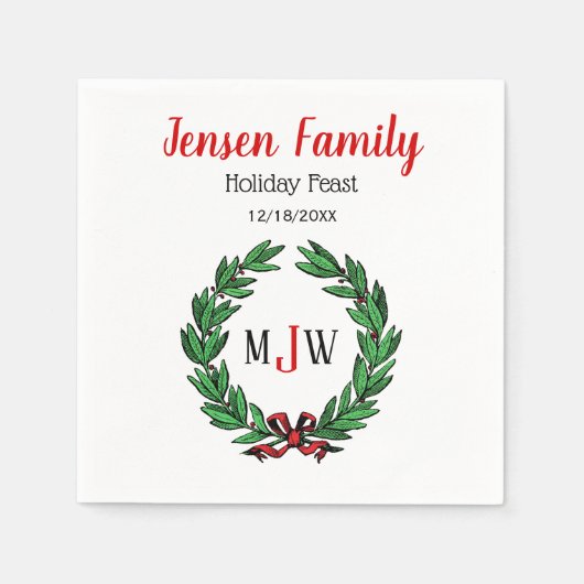 Feestelijke Kerst Xmas Hulst Krans Monogram Servetten (Voorkant)