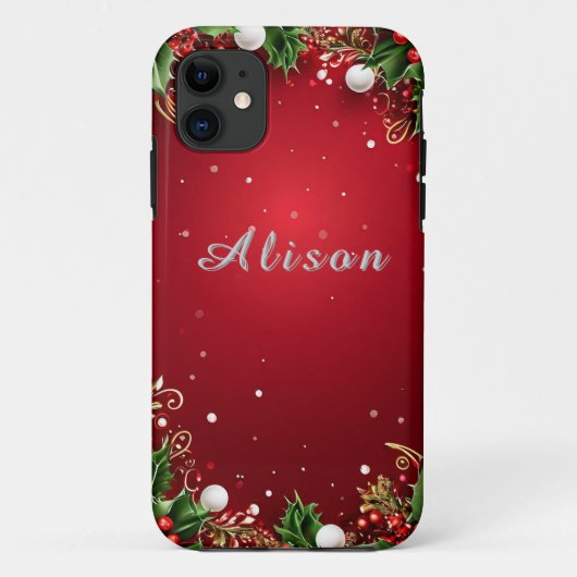 Feestelijke kerstachtergrond met hulst en bessen Case-Mate iPhone case (Achterkant)