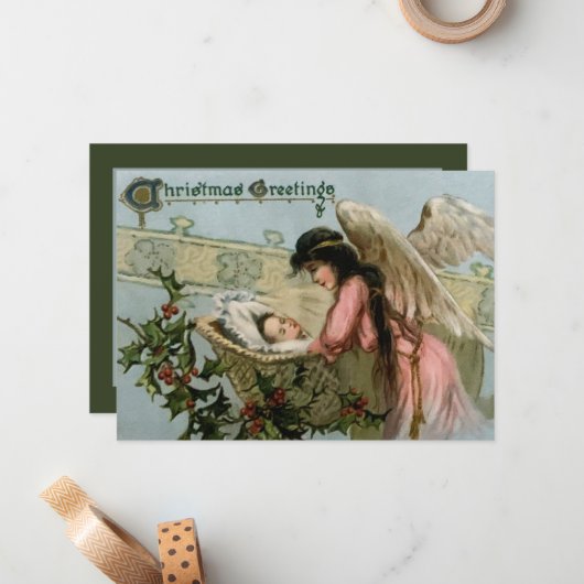 feestelijke kerstavond Angel Holiday Notitiekaartje (Voorkant / Achterkant in situ)
