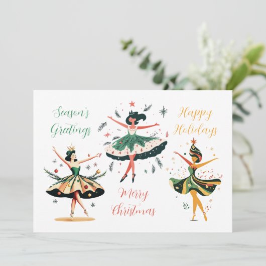 Feestelijke Kerstballerina's Flat Holiday Kaart (Staand voorkant)