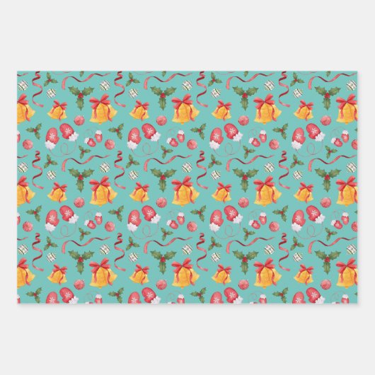 Feestelijke kerstbellen en linten Waterverf Inpakpapier Vel (Voorkant 3)