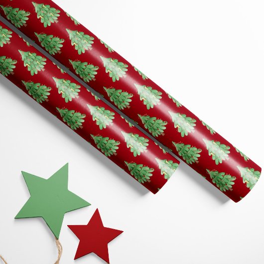 Feestelijke kerstbomen - rode achtergrond cadeaupapier