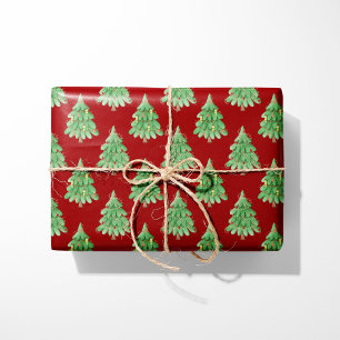 Feestelijke kerstbomen - rode achtergrond cadeaupapier