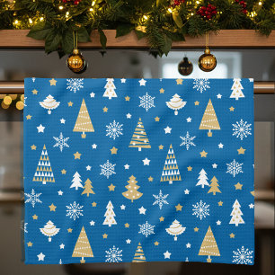 Feestelijke Kerstbomen Sneeuwvlokken Blauw Theedoek