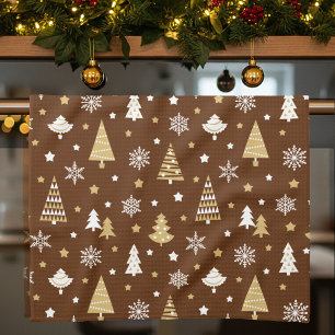 Feestelijke Kerstbomen Sneeuwvlokken Patroon Bruin Theedoek