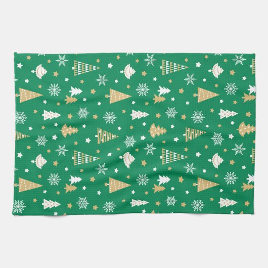 Feestelijke Kerstbomen Sneeuwvlokken Patroon Groen Theedoek (Horizontaal)