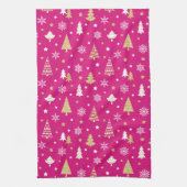 Feestelijke kerstbomen Sneeuwvlokken Patroon Roze Theedoek (Verticaal)