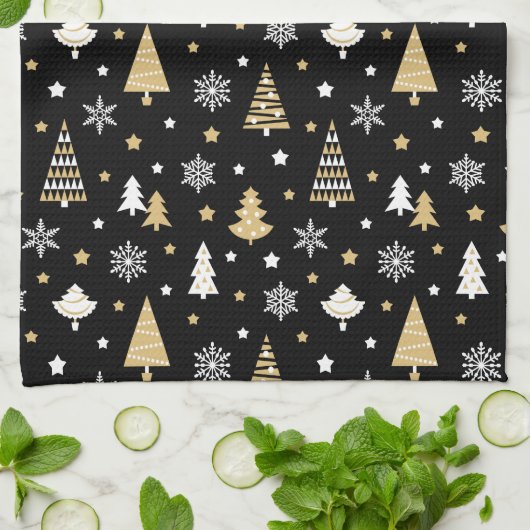 Feestelijke Kerstbomen Sneeuwvlokken Zwart Theedoek (Gevouwen)