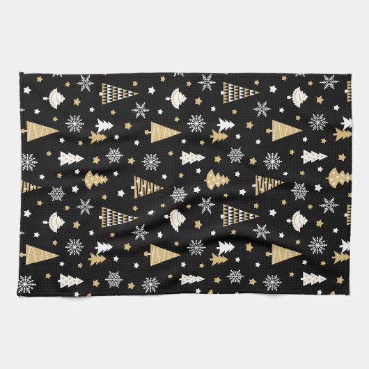 Feestelijke Kerstbomen Sneeuwvlokken Zwart Theedoek (Horizontaal)