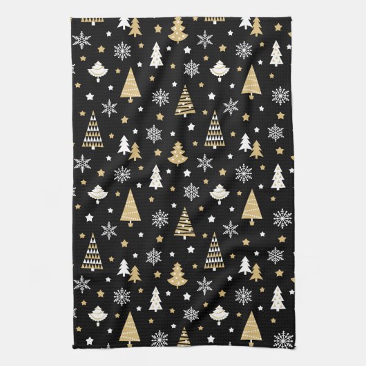 Feestelijke Kerstbomen Sneeuwvlokken Zwart Theedoek (Verticaal)