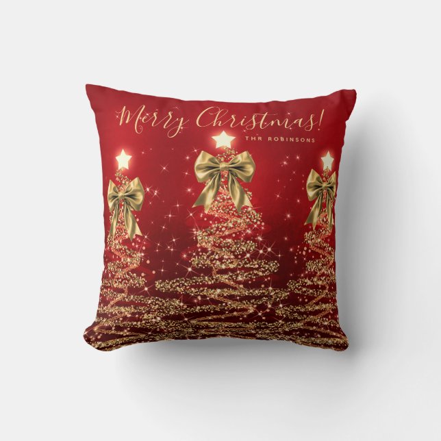 Feestelijke Kerstbomen van Goud en Rood met Naam Kussen (Voorkant)